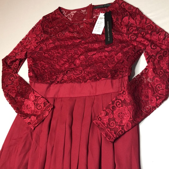 Zanzea Womens Wine Colored Long Sleeve Lace Dress With Chiffon Skirt - Picture 10 of 14